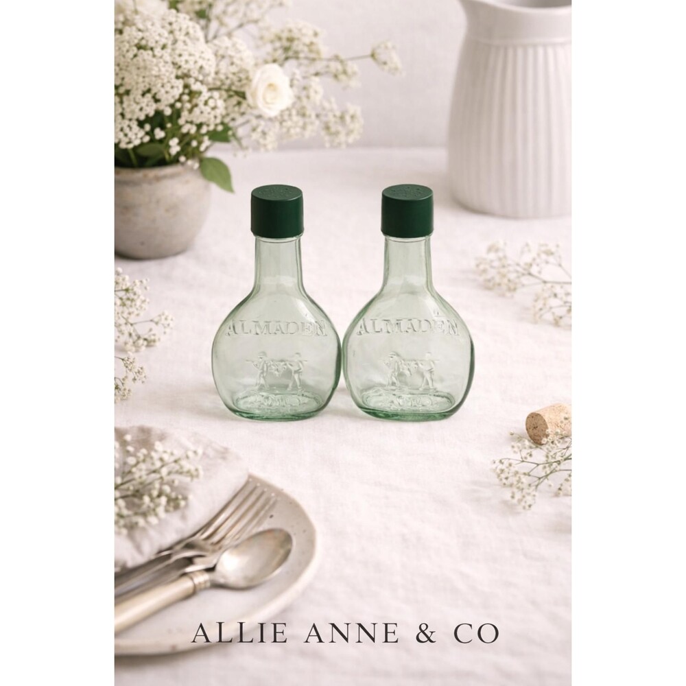 Vintage Almaden Vineyards Glass Salt & Pepper Shakers – Green Embossed Wine Bott